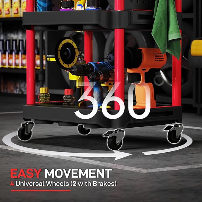 HOMCOM 3-Tier Rolling Tool Cart with Wheels, 200 LBS Capacity Plastic Utility Cart with Side Shelves, Mobile Service Tool Organizer for Garage, Warehouse, Workshop, Black and Red