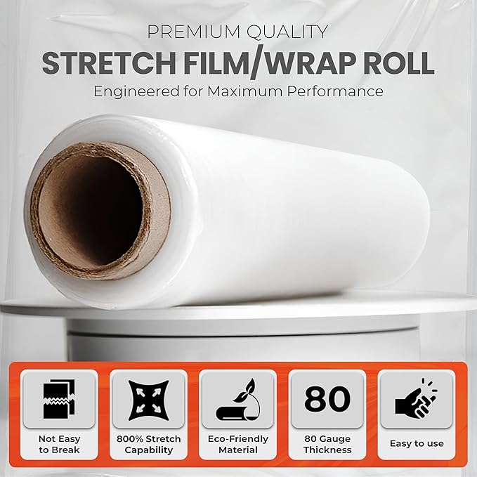 Heavy Duty 18" Shrink Wrap Roll – Clear Stretch Wrap for Moving & Packing | 7 Layer 80 Gauge Industrial Strength 1500 Ft Length 20 Micron Thick Up to 800% Stretch | Box of 4 Rolls