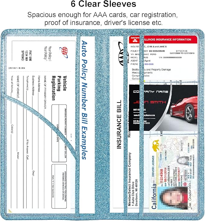 Car Registration and Insurance Holder, Leather Magnetic Shut Vehicle Glove Box Organizer for Document, Card, Driver License, Glitter LightBlue