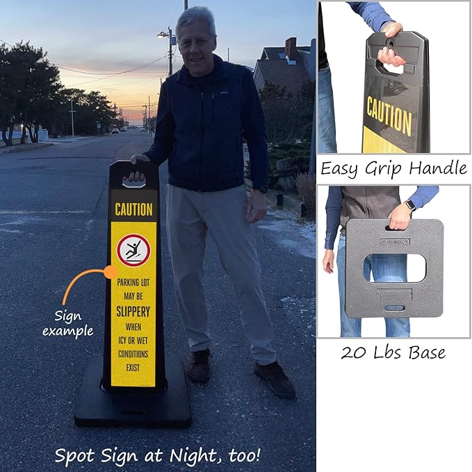 SmartSign Parking Lot Slippery When Icy Or Wet LotBoss Vertical Panel Sign Kit with Rubber Base, Double-Sided, 7.875" x 35.5" 3M Engineer Grade Reflective Parking Lot Sign, Plastic Frame, USA-Made