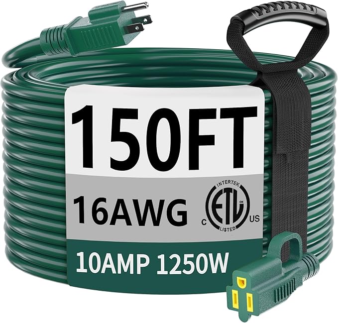 HUANCHAIN Indoor Outdoor Green Extension Cord 150 ft Waterproof, 16/3 Gauge Flexible Cold-Resistant Appliance Extension Cord Outside, 10A 1250W 16AWG SJTW, 3 Prong Electric Cable, ETL