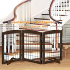 LZRS 3-Panel Freestanding Adjustable Wooden Dog Gate—30" Tall Foldable Pet Barrier with Support Feet, Chew-Resistant Solid Hardwood & Steel Wire Safety Fence for Doorways, Hallways, and Stairs, Walnut