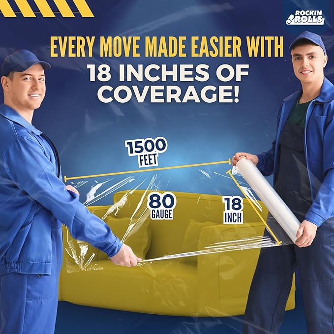 Rockin Rolls Stretch Film Wrap, 4 Rolls Heavy Duty Pallet Wrap – 18" x 1500 FT x 80 Gauge, Clear Plastic Moving Wrap for Packing, Shipping, Furniture & Luggage – Durable Self-Adhering Shrink Wrap Roll
