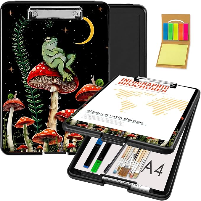 Clipboard with Storage,Office Supplies Nursing Clipboards Folder with Pen Holder Plastic Foldable Clip Board with Storage for Nurse Teacher,Mushroom Frog