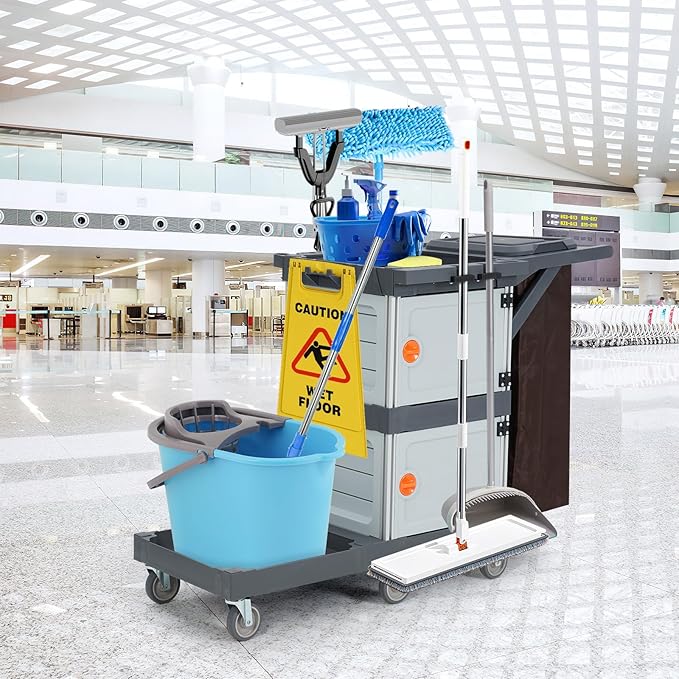 Janitorial Cart with 2 Cabinet, Commercial Cleaning Cart On Wheels with Cover, Shelves, and Oxford Bag, Housekeeping Cleaning Caddy Service Carts for School Hotel Apartment