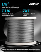 Lichamp 550FT 1/8" Stainless Steel Wire Rope Cable, Aircraft 316 SS Braided Steel Wire Thin Metal Cable Hardware for Deck Railing Handrail Safety System, SSC550