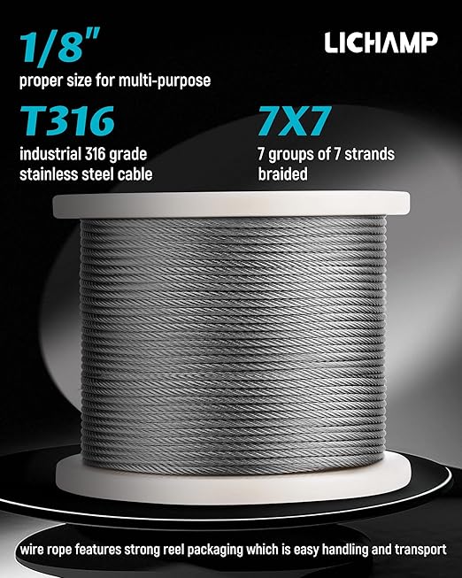 Lichamp 550FT 1/8" Stainless Steel Wire Rope Cable, Aircraft 316 SS Braided Steel Wire Thin Metal Cable Hardware for Deck Railing Handrail Safety System, SSC550