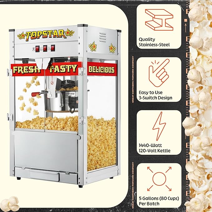 Top Star Popcorn Machine - 12oz Stainless-Steel Kettle, Reject Kernel Tray, Warming Light, and Accessories by Great Northern Popcorn (Red and Yellow)
