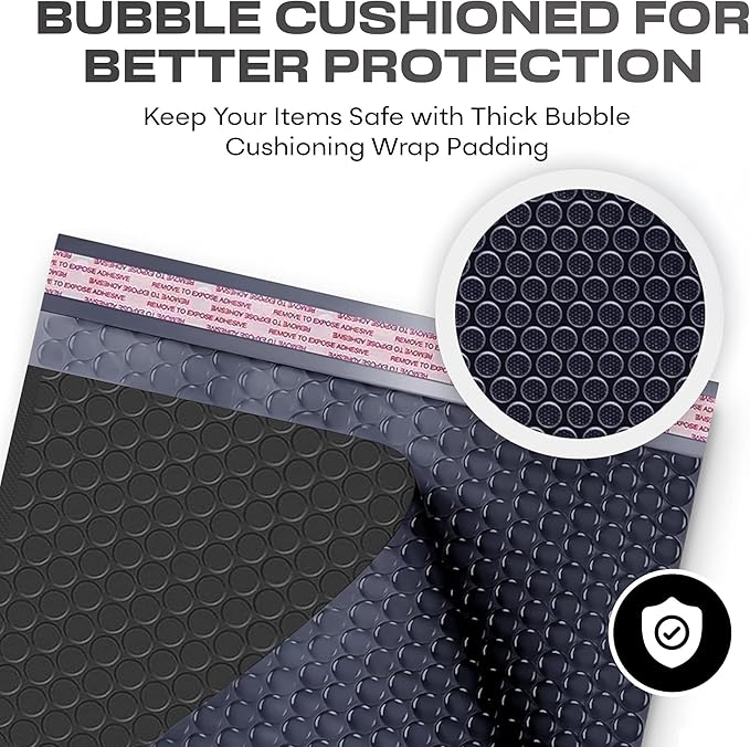 Black Poly Bubble Mailers 7.25x12 inch #1 | Self Seal Padded Envelopes | Cushioned Bubble Mailer | Usable Size 7.25x11 | WaterProof | Lightweight mailing Shipping Bags | 200 Pack Bulk | Made in USA
