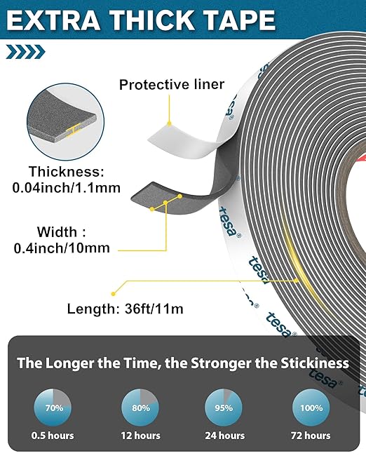 Tesa Double Sided Tape Heavy Duty 0.4in x 36ft 68211, Adhesive Mounting Tape Waterproof, Strong Foam Tape for Walls, Extreme Temp Resistant No Residue Removal Two Sided Tape for Auto, Home, Office