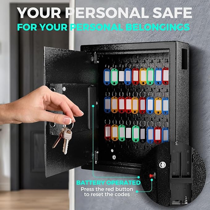 Flexzion Key Box Wall Mount With Code, Key Cabinet, Key Deposit Slot, 40 Key Holder Organizer Locker Case, Colored Key Tags Wall Mounted Lock Box For Keys Storage (Black)