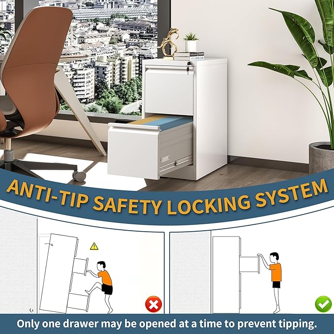 2 Drawer File Cabinet with Lock, Vertical Filing Cabinets for Home Office, Metal Storage Cabinets, Heavy Duty File Cabinet for Letter/Legal/A4/F4 Size Amssebly Required, White