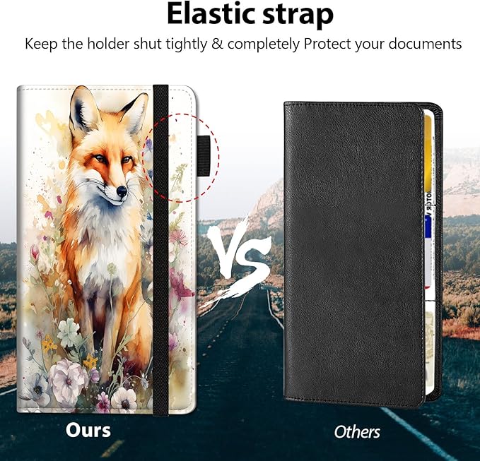 Car Registration and Insurance Holder, Leather Car Glove Box Organizer, Cool Car Accessories for ID, Driver's License Cards & Essential Document,business cards,Men&Women,Watercolor Foxs Flower