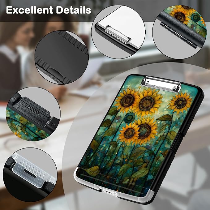 Clipboard with Storage,Office Supplies Nursing Clipboards Folder with Pen Holder Plastic Storage ClipBoard Foldable for Teacher Nurse,Art Sunflowers