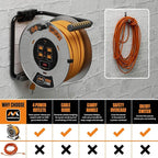 Masterplug 100ft Cord Reel, Metal Cable Drum, Retractable Extension Lead with Winding Handle, Safety Overload Circuit Breaker and Power Switch, 4x Grounded Outlets, 15amps, 12AWG Cable