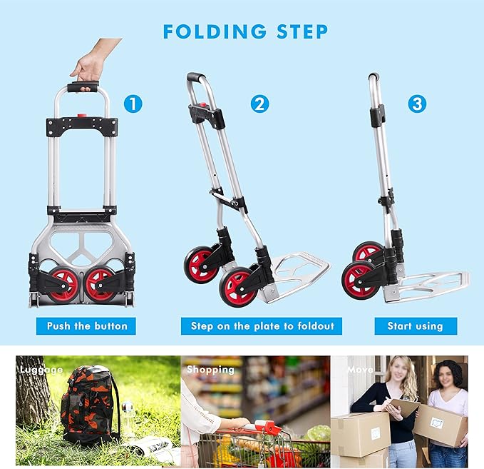 LEADALLWAY Dolly Cart Folding Hand Truck and Dolly,Steel Portable Cart with Telescoping Handle and Nylon+Rubber Wheels 180 lbs Capacity