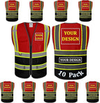 10 Pack Custom Safety Vest Customized Logo Mesh Vest Class 2 High Visibility Reflective Vest with Pockets Workwear（Red Black，L ）
