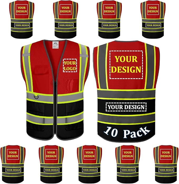 10 Pack Custom Safety Vest Customized Logo Mesh Vest Class 2 High Visibility Reflective Vest with Pockets Workwear（Red Black，L ）