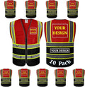 10 Pack Custom Safety Vest Customized Logo Mesh Vest Class 2 High Visibility Reflective Vest with Pockets Workwear（Red Black，S ）