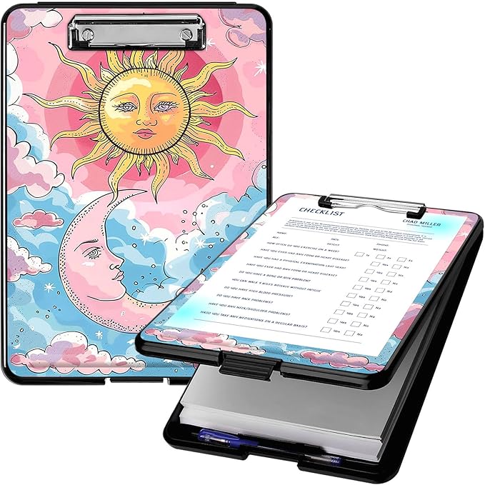 Clipboard with Storage, High Capacity Plastic Storage Clipboard with Pen Holder for for Women Teachers Work, School & Office Supplies, Cute Pattern Decorative Clipboards, Sun and Moon