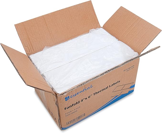 ESSENTIAL Fanfold 4" X 6" Direct Thermal Shipping Labels with Perforations, 5000 Labels, Permanent Adhesive - Compatible with Rollo & Zebra Printer