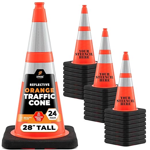 Xpose Safety 28 Inch Orange Traffic Cones Heavy Duty 10lb with 6" & 4" Collars, 24 Pack - Multipurpose PVC Plastic Safety Cone for Parking, Soccer, Caution, Kids and Construction - DOT Approved