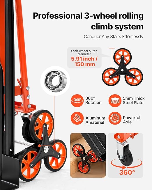 VEVOR 3 in 1 Industrial Convertible Stair Climbing Cart, 770 lbs Max Load, Folding Hand Truck Dolly with Handle & Wheels, Stair Climbing Utility Trolley for Transport & Moving, Orange & Silver