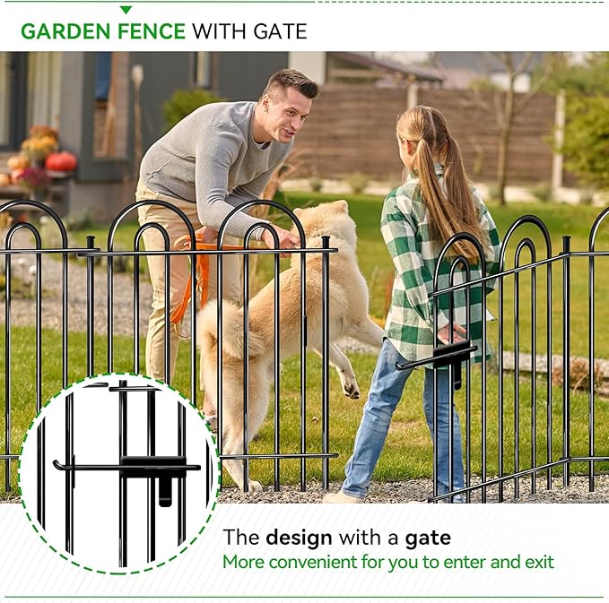 10 Panels Garden Tube Fence with Gate, 42in(H)×21.6ft(L) Tall No Dig Fence Animal Barrier, Heavy Duty Metal Decorative Garden Edging Border, Ground Defense Temporary Fencing for Outdoor Yard, Black