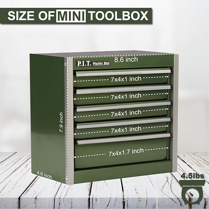 P.I.T. Mini Army Green Tool Box, Portable 5-Drawer Micro Roll Cab Steel Tool Box with Liner, Army Green Small Tool Case for Tools Storage, Home DIY