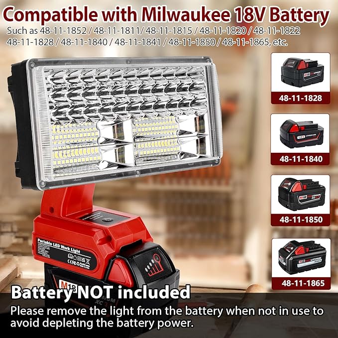 50W 4200LM Cordless LED Work Light for Milwaukee M18 18V Battery Portable Flood Lights for Outdoor Indoor Workshop Job Site, Floodlight & Spotlight Modes/Pivoting Head/USB Port(No Battery)