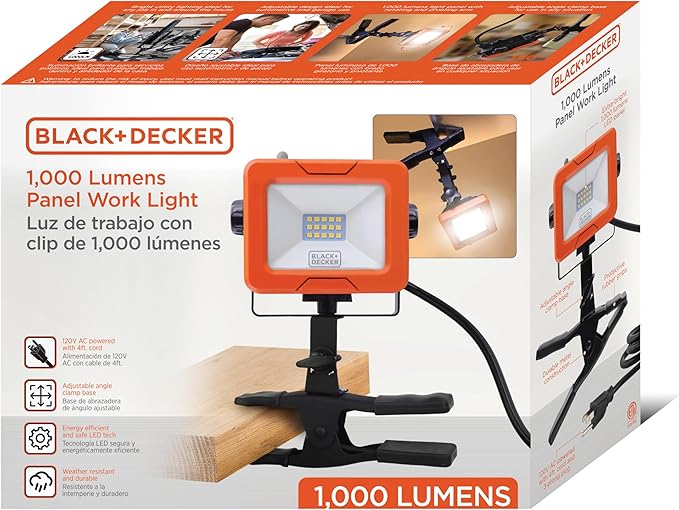 BLACK+DECKER LED Clamp Work Light, 1000 Lumens Indoor & Outdoor IP65 Waterproof Clamp Utility Shop Light with Plug, Clip on Shop Lamp, Adjustable Arm, 360° Rotating Clamp, Tripod Compatible, 4 Ft Cord
