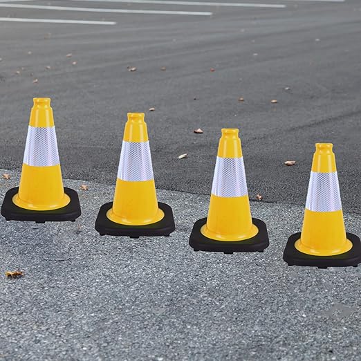 6 Pack 12 Inch Yellow Reflective Traffic Cones, Black Base Safety Markers for Warehouse Aisles, Driveways and Indoor Safety Training (6, Yellow, 12 Inch)