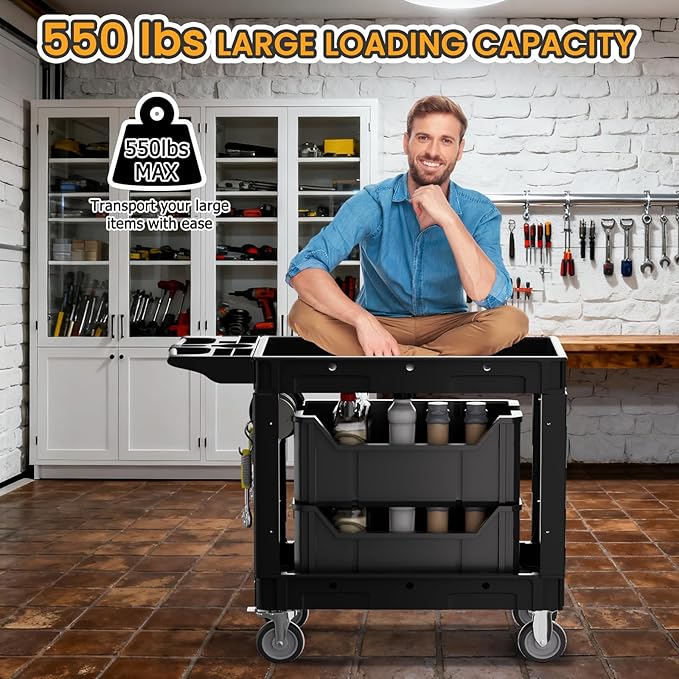 2-Tier Rolling Tool Cart,Heavy-Duty Plastic Service Cart with Lipped Shelves,550 lbs Capacity Utility Cart,40 x 17 Inch Rolling Work Carts for Garage,Salon,Kitchen,Office-Black