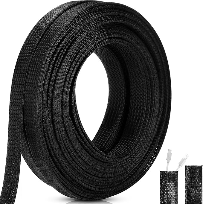 Pangda 50 Feet 1.5 Inch Wire Loom PET Expandable Braided Sleeving Braided Sleeve for TV, Computer, Home Theater (Black)