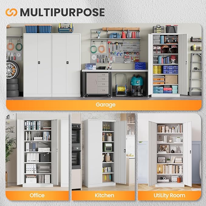 Metal Garage Storage Cabinets with Lock, 72" Tall Tool Cabinet with 2 Door and 5 Adjustable Shelves, Locking Garage Cabinets and Lockable Steel Locker for Home Office Warehouse - (White-72”H)