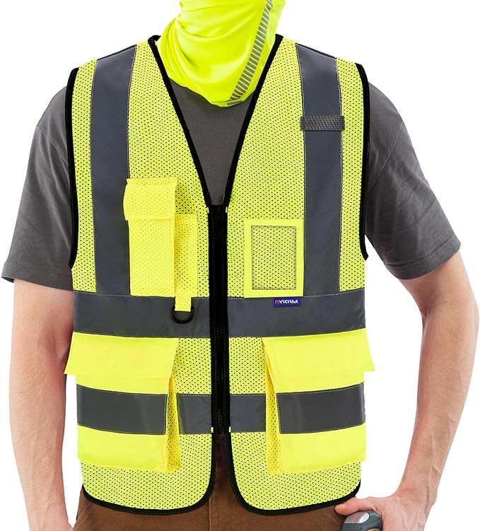 A-SAFETY High Visibility Mesh Safety Reflective Vest with Pockets and Zipper,Hi Vis Viz Reflective Safety Vest(Yellow Mesh XXXL)