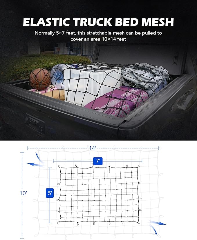 Orion Motor Tech 5x7 ft Heavy Duty Cargo Net for Pickups SUVs Vans Semis | 10x14ft Stretched Bungee Cord Net for Truck Bed Roof Rack Trailer More with Handmade Knotting, 18 Carabiners, Storage Bag