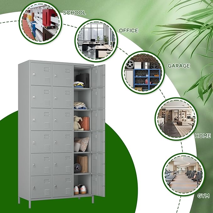 72" inch Employee Locker, Tall Metal Locker with 18 Doors, Storage Locker for Employees School Hospital Garage Gym Home Office with Hooks Requires Assembly (Light Gray)