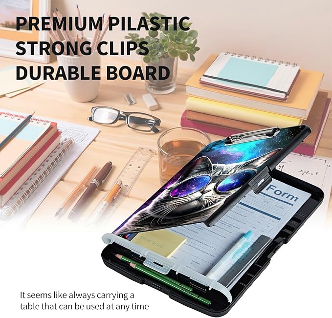 Clipboard with Storage High Capacity Plastic Nursing Clipboards with Pen Holder File Folder Storage Box Clipboard with Heavy Duty Clips for Teacher,Doctor,Offices-Galaxy Hipster Cat
