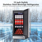 Tylza Beverage Refrigerator 15 Inch Wide, Mini Fridge Stainless Steel Under Counter Beverage Cooler, 130 Cans Beer Fridge with Built-in and Freestanding Beverage Fridge