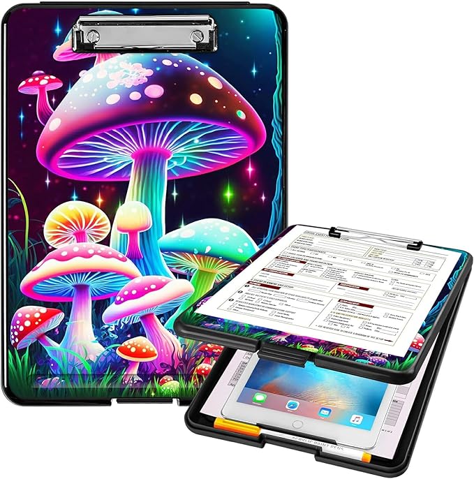 A4 Clipboards,Heavy Duty Waterproof Nursing Plastic Folder Clipboard with Storage Clip Boards,File Folder Storage Box Clipboard Case for Teacher,Doctor,Offices,Pretty Mushroom