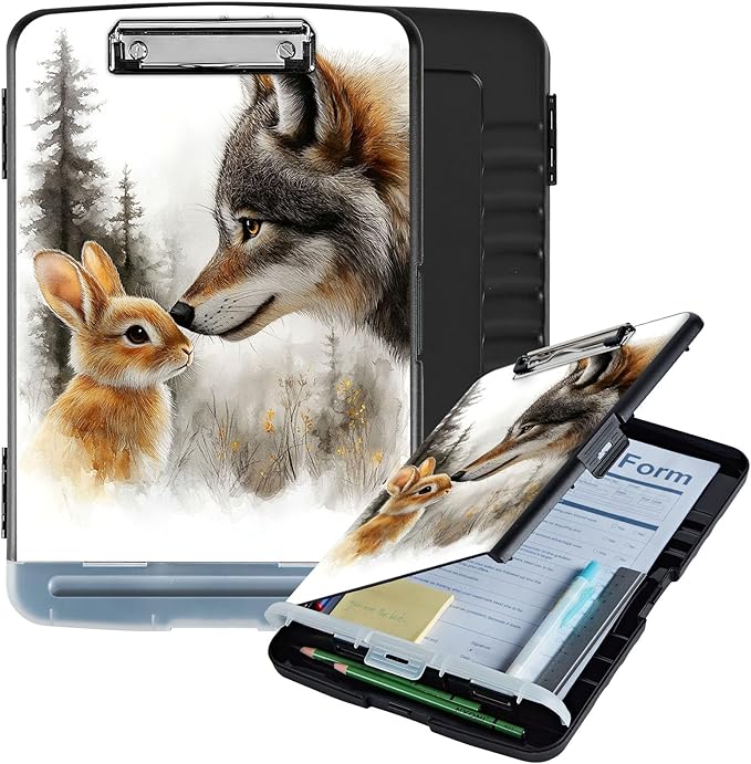 Clipboard with Storage Box & Pen Holder,Heavy Duty Clip Boards 8.5x11 for Nursing,High Capacity,School & Office Supplies,Wolf Rabbit Forest
