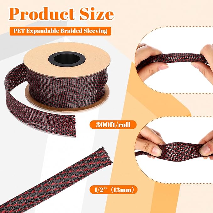 Pangda 300 Feet 1/2 Inch Wire Loom PET Expandable Braided Sleeving Braided Sleeve for TV, Computer, Home Theater (Black-Red)