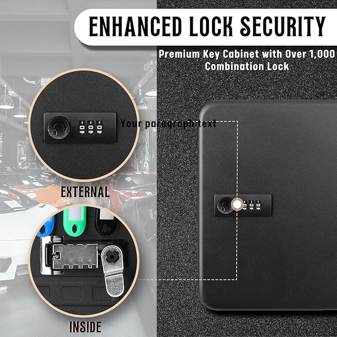 Flexzion Key Box Wall Mount with Code - Black Key Cabinet Lock Box Key Storage Box Wall Mount with Combination Lock, Secured Key Organizer Box with 48 Colored Key Holder for Homes, Office, Apartments