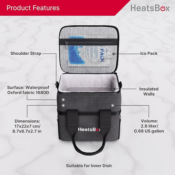 HeatsBox Insulated Food Carrier Bag - Keep Your Meals Cold and Ready to Heat - Black, 2 Compartments - Carry Bag