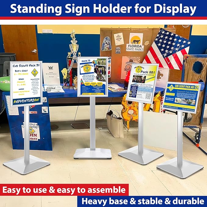 Sign Stand 8.5x11inch Pedestal Sign Holder Poster Stand 3Packs Adjustable Floor Standing Sign Holder with Heavy Duty Display Stand for Indoor Outdoor Business Store Sign Holders(Silver)