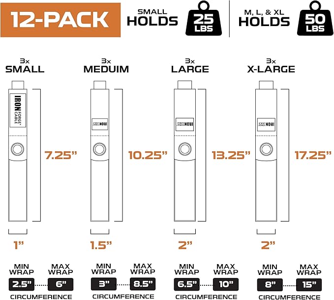Iron Forge Cable Extension Cord Wrap Organizer, 12 Piece Multi-Pack - 3 Pieces of Small, Medium, Large, and XL Hook and Loop Hanger Wraps Up to 50 lbs