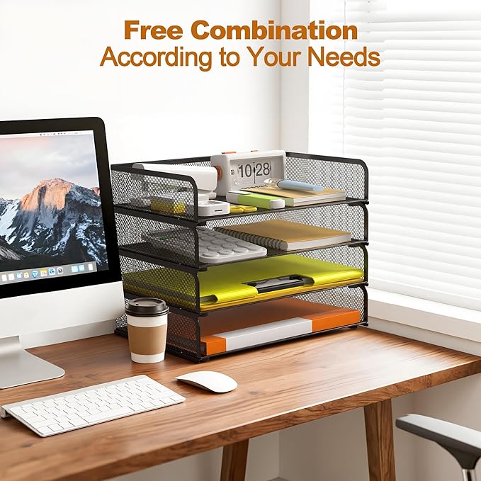 YINGHUA 4-Pack Metal Mesh Stackable Paper Letter Trays Organizer for Classroom,Office Desk File Sorter Holder Organizer Storage Box for Letter/A4 Size Folder Documents-Black