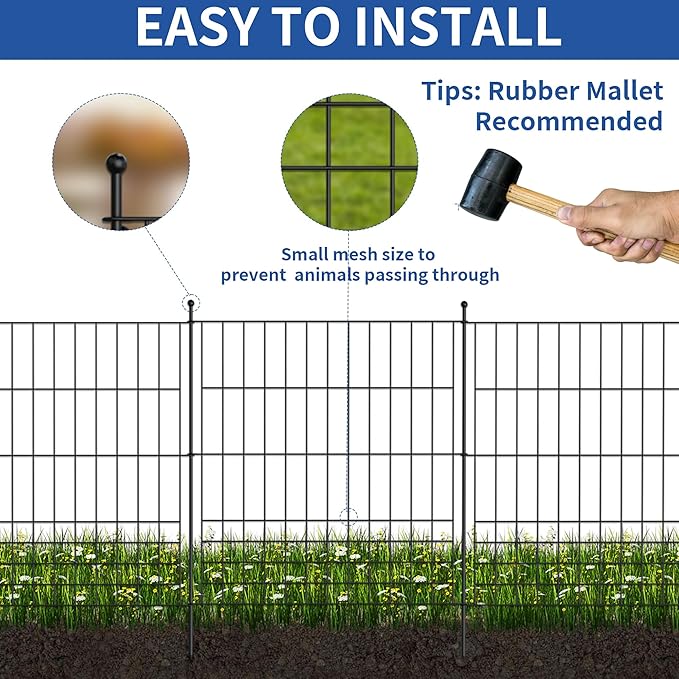 No Dig Fence Outdoor Dog Fences 10 Panels,32in (H) x 24.6 ft (L) Decorative Metal Garden Fence with Gate,Garden Fence Animal Barrier,Garden Fencing for Yard Rustproof
