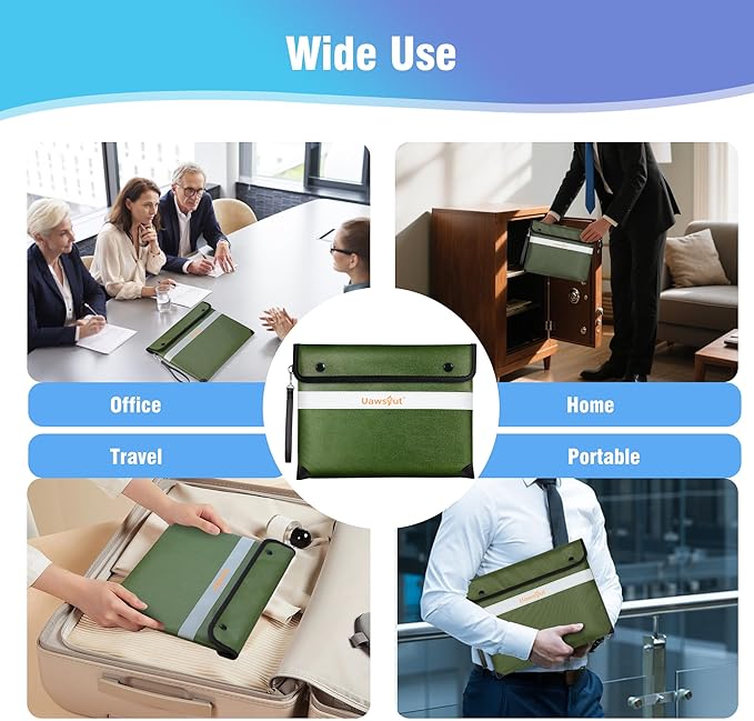 Fireproof Document Bag - 6200°F Heat Insulated, Small Important Document Bags with Zipper, Water Resistant Money Bag for Cash, Cell Phone, Tablet, Credit Card,Passport (13.9"x10.6", Green)